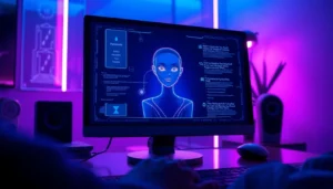 Futuristic AI interface with a digital avatar in a neon-lit room, representing AI chat technology.