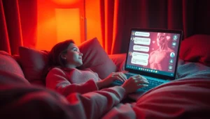 A cozy chat setting with a user and an AI chatbot on a laptop.