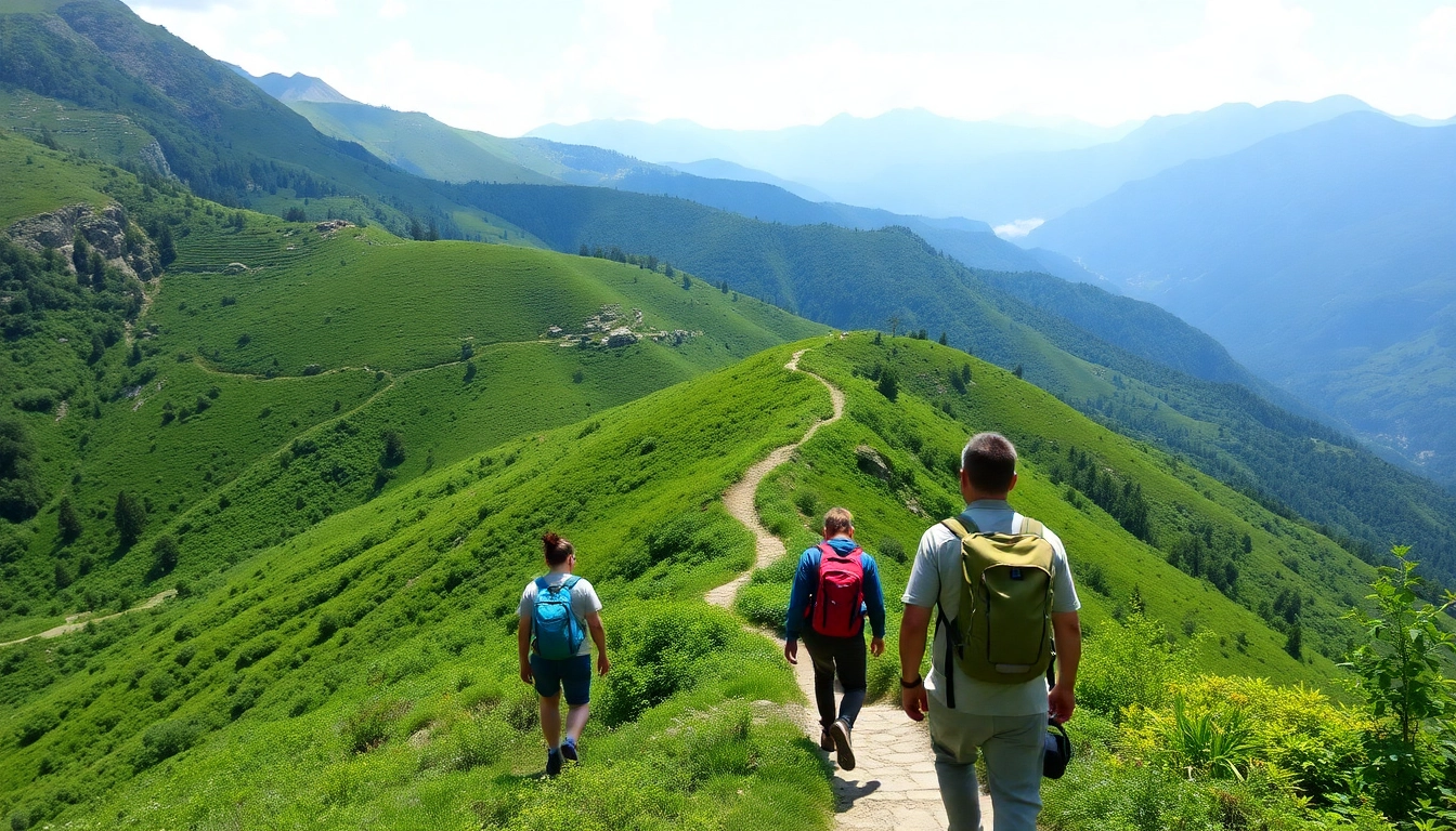 Guided trek through vibrant mountain landscape with hikers led by expert guides, showcasing adventure activities.