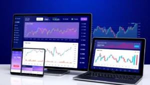 Sea of real-time aicoin官网 cryptocurrency data displayed on multi-device screens with graph charts and alerts showing market insights.