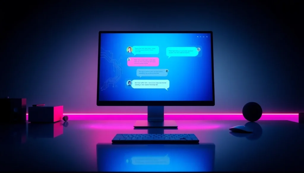 Futuristic AI chat interface on a computer screen with neon accents and digital patterns.