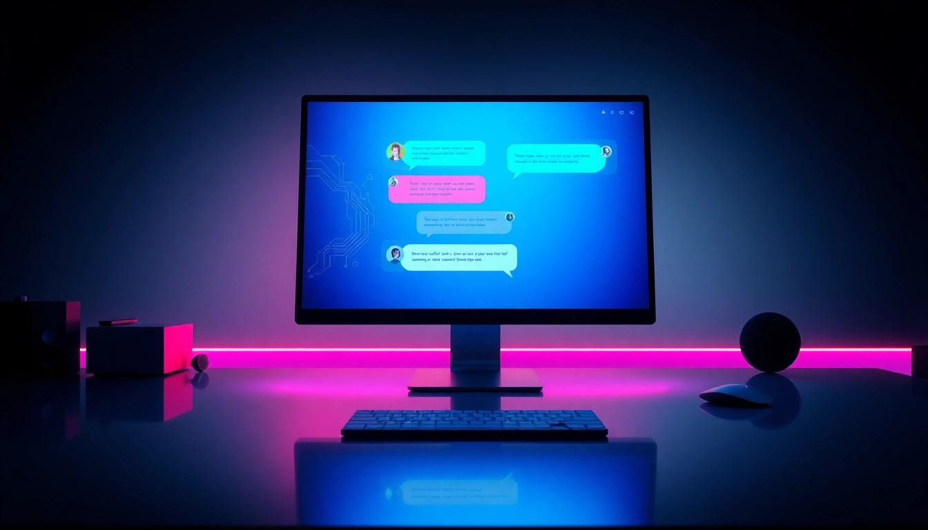 Futuristic AI chat interface on a computer screen with neon accents and digital patterns.