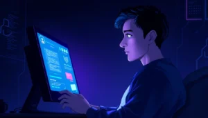 An individual engaging in an NSFW AI chat on a futuristic computer, with neon-lit digital environment and a focused, intimate mood.