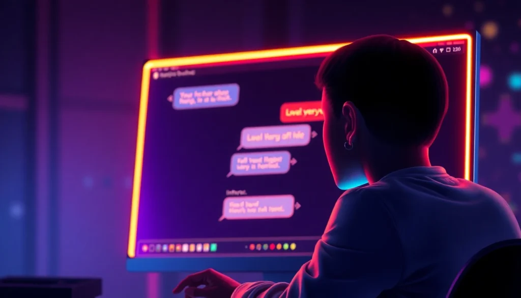 An illustration of a user interacting with an AI chat interface on a computer screen, with neon accents and a dark futuristic background.