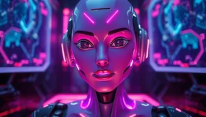A digital AI chatbot with a seductive expression in a neon-lit, high-tech environment.