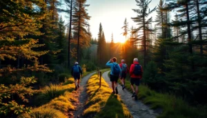 Hiking in scenic wilderness with hikers on a trail surrounded by lush greenery and mountains, capturing the essence of a rewarding outdoor hike experience.