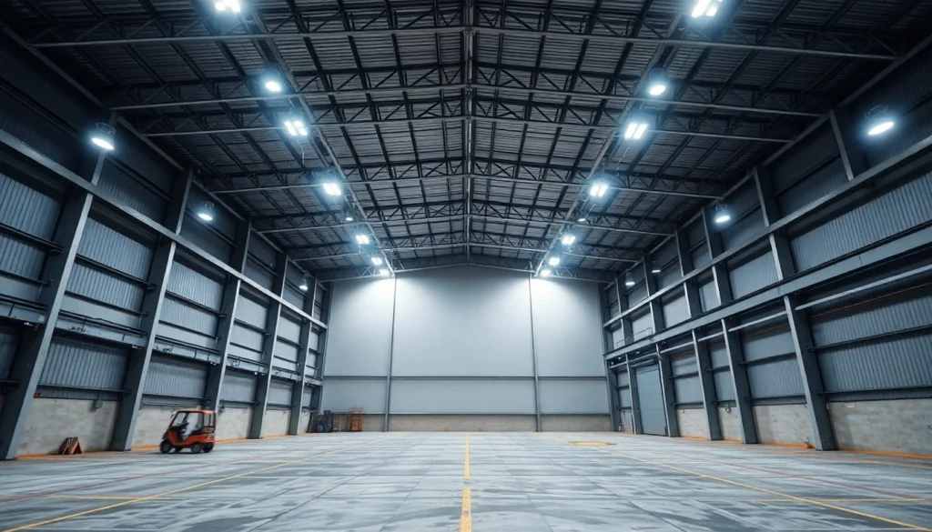 Große Industriehalle mit moderner LED-Beleuchtung, klare, helle Lichtverhältnisse, hochmodernes Industrieumfeld