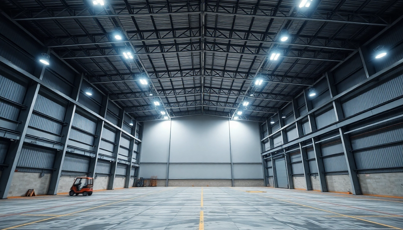 Große Industriehalle mit moderner LED-Beleuchtung, klare, helle Lichtverhältnisse, hochmodernes Industrieumfeld