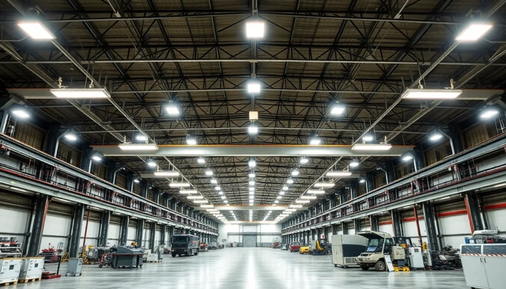 Große Industriehalle mit moderner LED-Beleuchtung, hell und effizient ausgeleuchtet