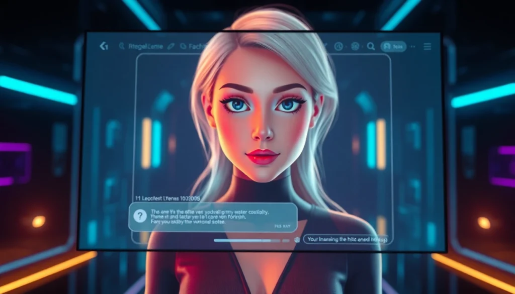 Futuristic AI chat interface with a holographic female character in a cyber environment, glowing neon accents and detailed textures.