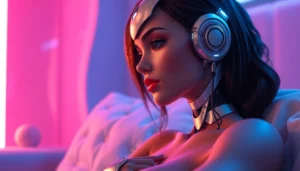 Futuristic AI chatbot in a sensual, neon-lit setting, close-up portrait with glowing accents.