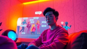 A person engaging in a futuristic AI chat with expressive visuals and immersive technology in a cozy, modern room.