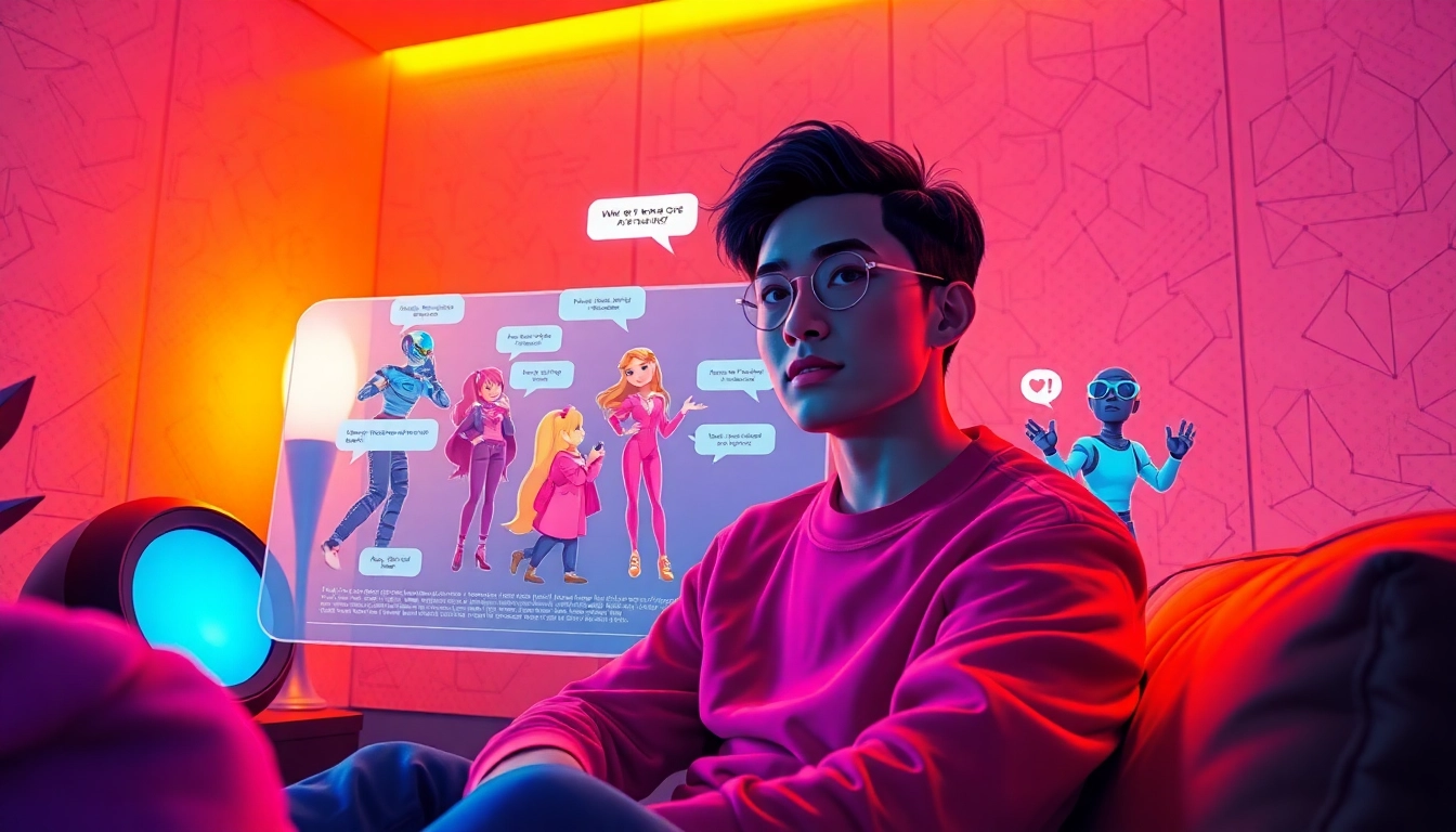 A person engaging in a futuristic AI chat with expressive visuals and immersive technology in a cozy, modern room.