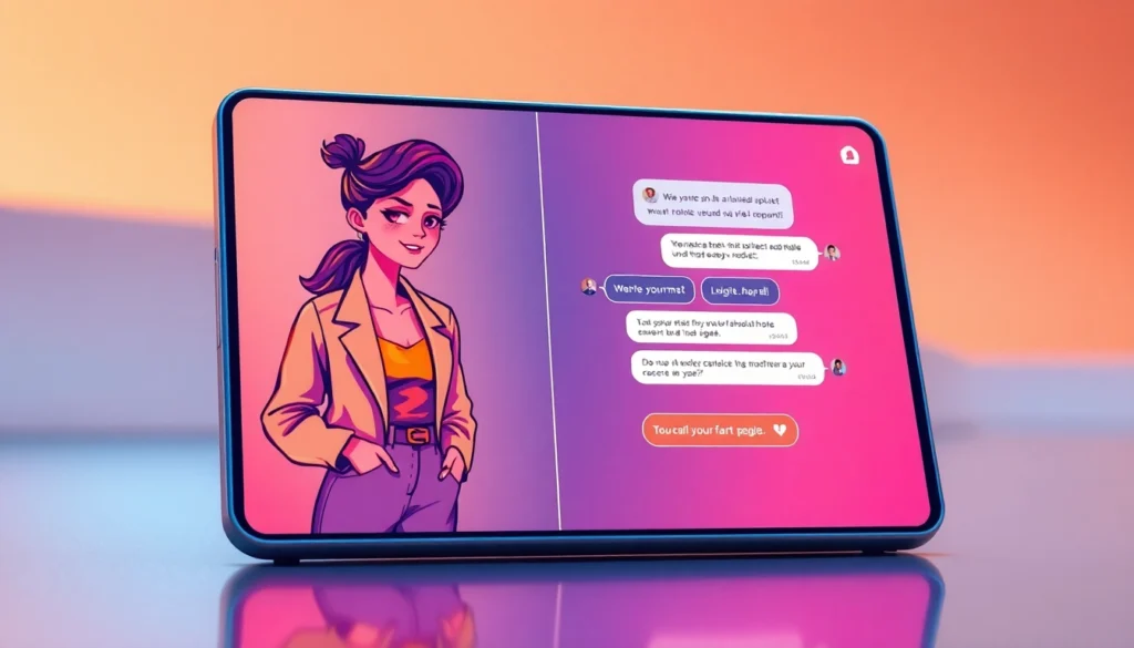 A futuristic AI chat interface with a lively character AI companion displaying expressive visuals and engaging interaction.