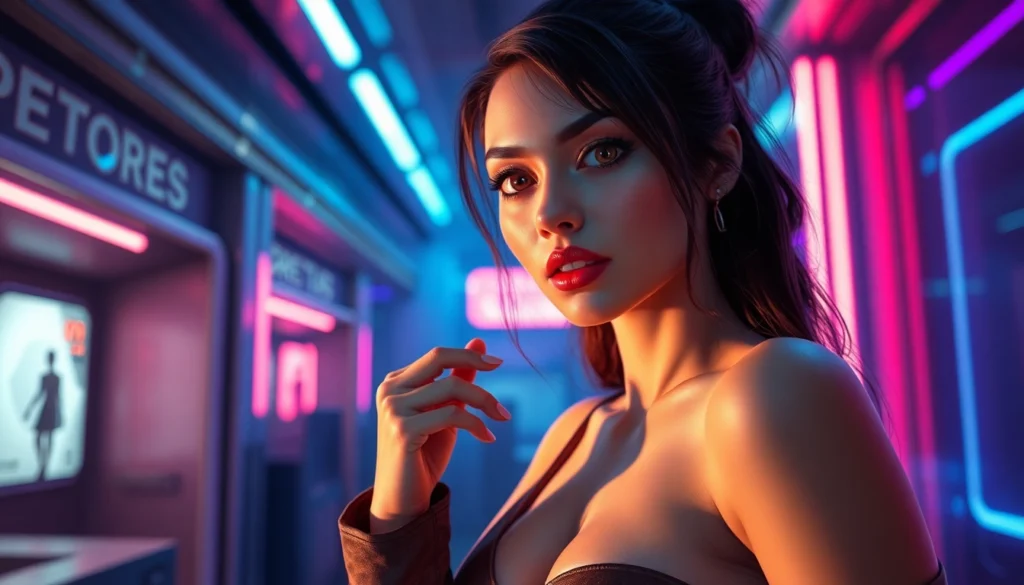 Lifelike AI character in a high-tech, intimate environment with vibrant neon lighting.