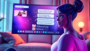 Close-up of a virtual AI chat scene with a romantic AI character and dynamic visual elements