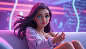 An AI-generated image of a virtual girlfriend in a neon-lit digital environment, sitting on a futuristic sofa, with expressive eyes and playful body language.