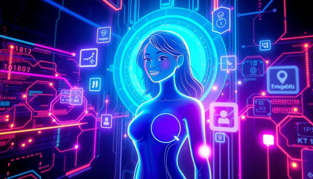 Futuristic digital scene showing a holographic AI girl with vibrant neon lights and digital data streams in a virtual environment.