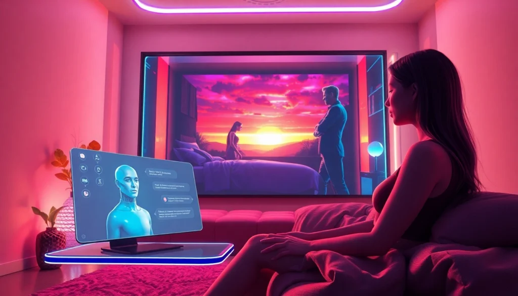 Futuristic scene of an adult AI chat with holographic visuals and a cozy, neon-lit room