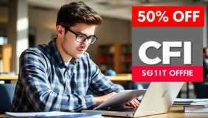 Finance student accessing CFI student offer with discount code on laptop in a bright study space