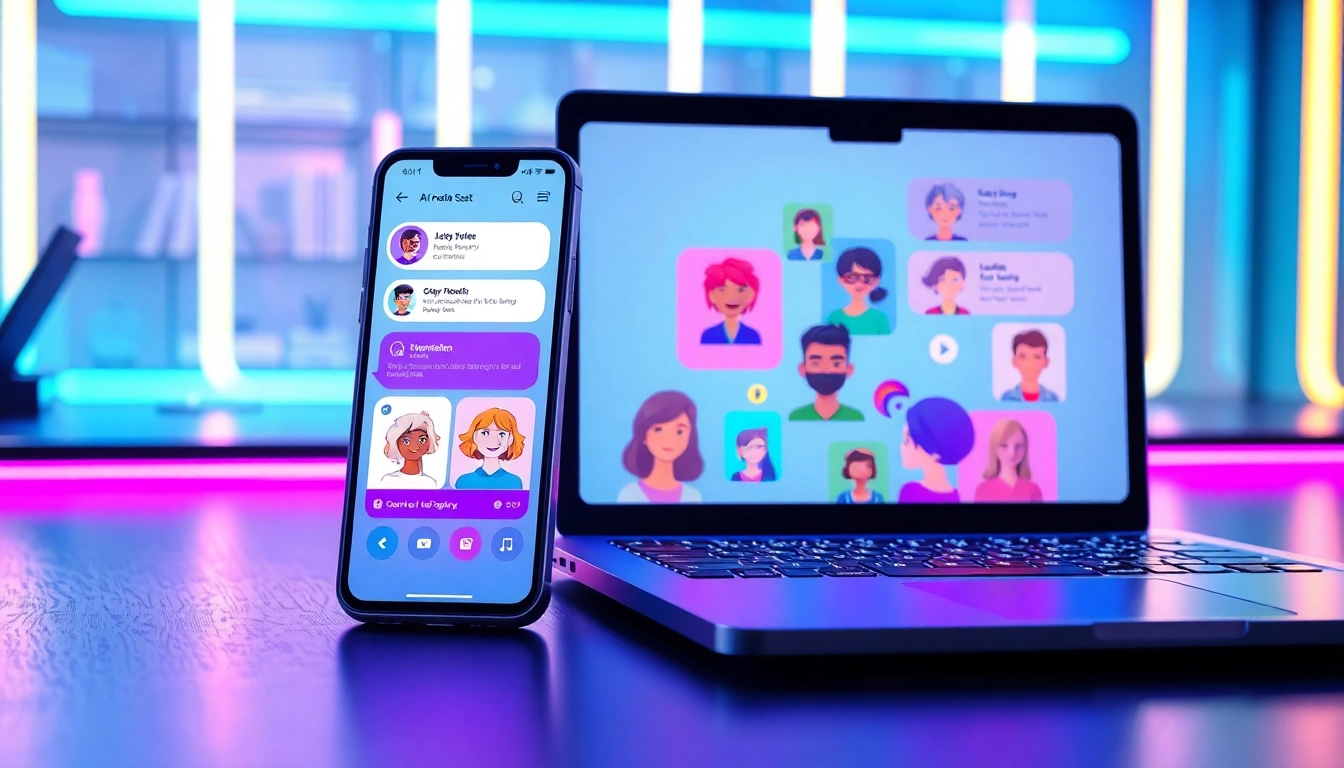 Digital illustration of AI chat interfaces on devices with colorful AI characters and neon accents.