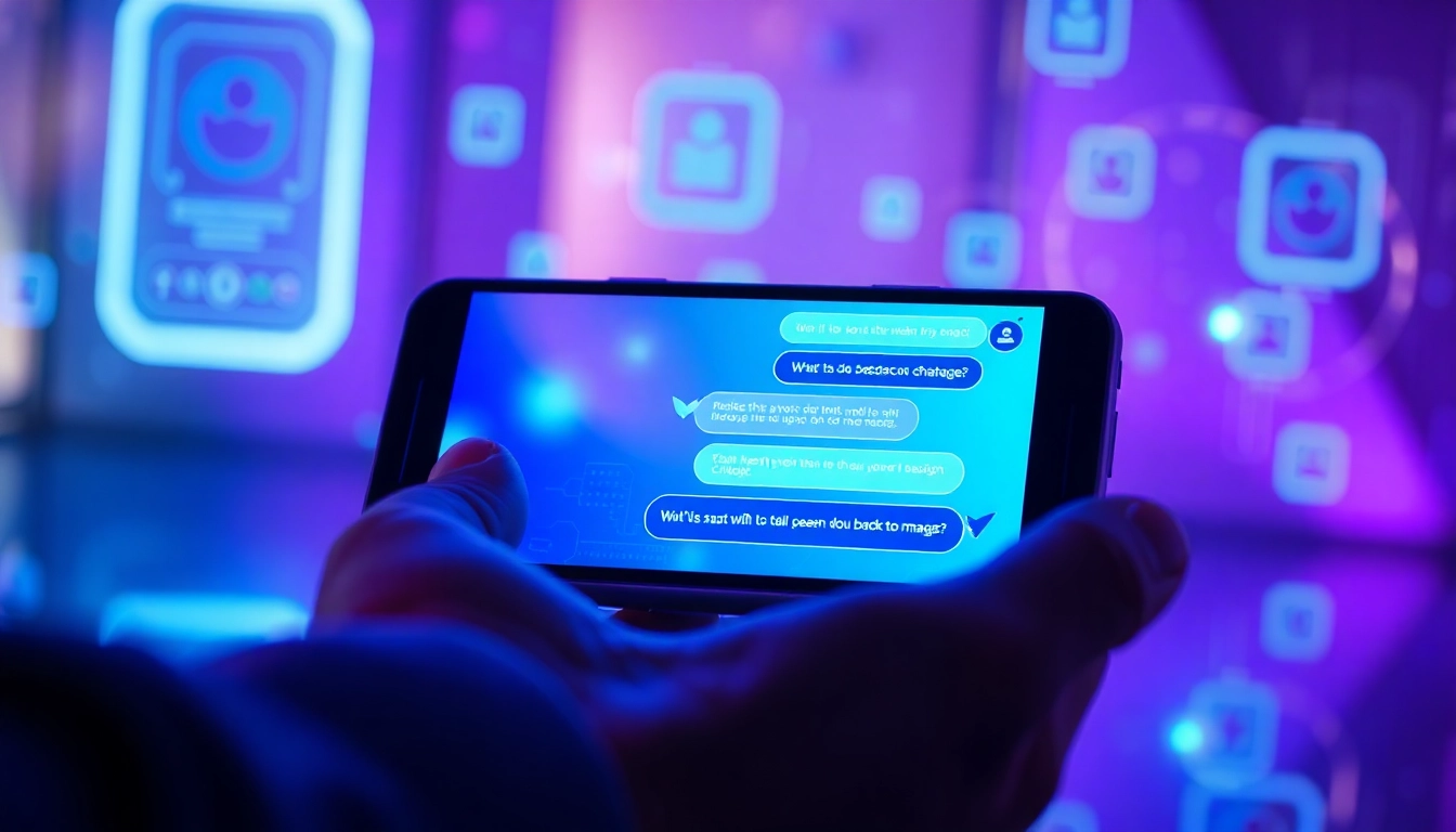 Futuristic digital chat interface on a device screen with holographic elements and a high-tech background.