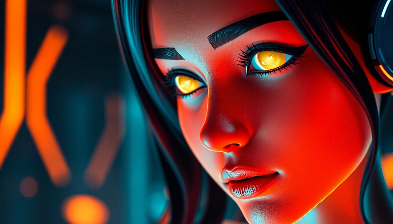 Engaging AI girlfriend with warm glowing eyes in a modern digital chat interface, emphasizing intimacy and realism.
