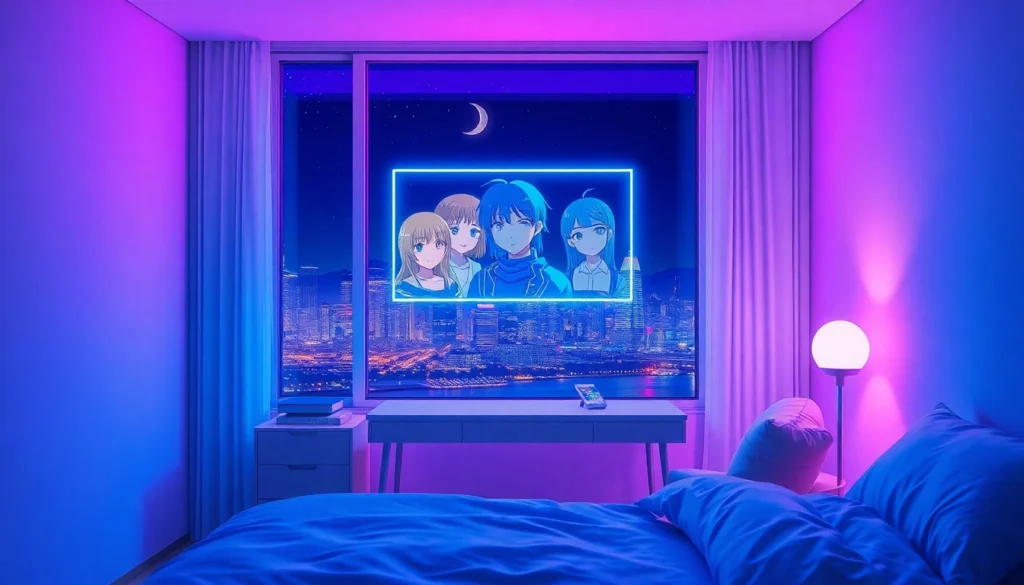A futuristic bedroom scene with holographic AI interface displaying animated characters, neon lighting, city skyline at night, and a cozy yet high-tech atmosphere.