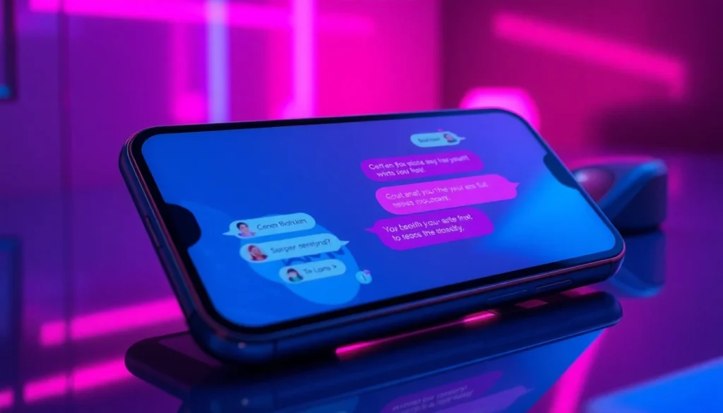 Close-up of a smartphone displaying a vibrant AI sexting app interface with animated characters in a dimly lit modern setting.