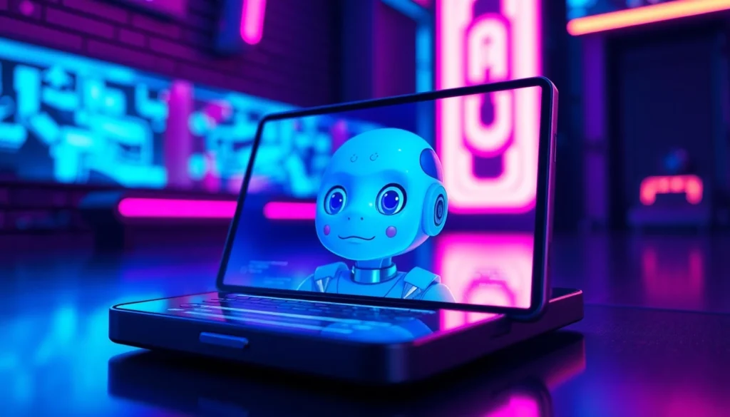 An animated, hyper-realistic AI character displayed on a futuristic digital screen, glowing neon lights in a modern tech environment.