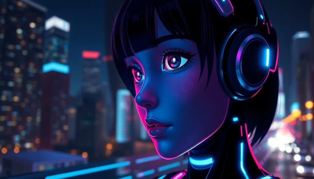 A futuristic AI chatbot interface with an anime-inspired avatar glowing in neon lights against a cyberpunk city background.