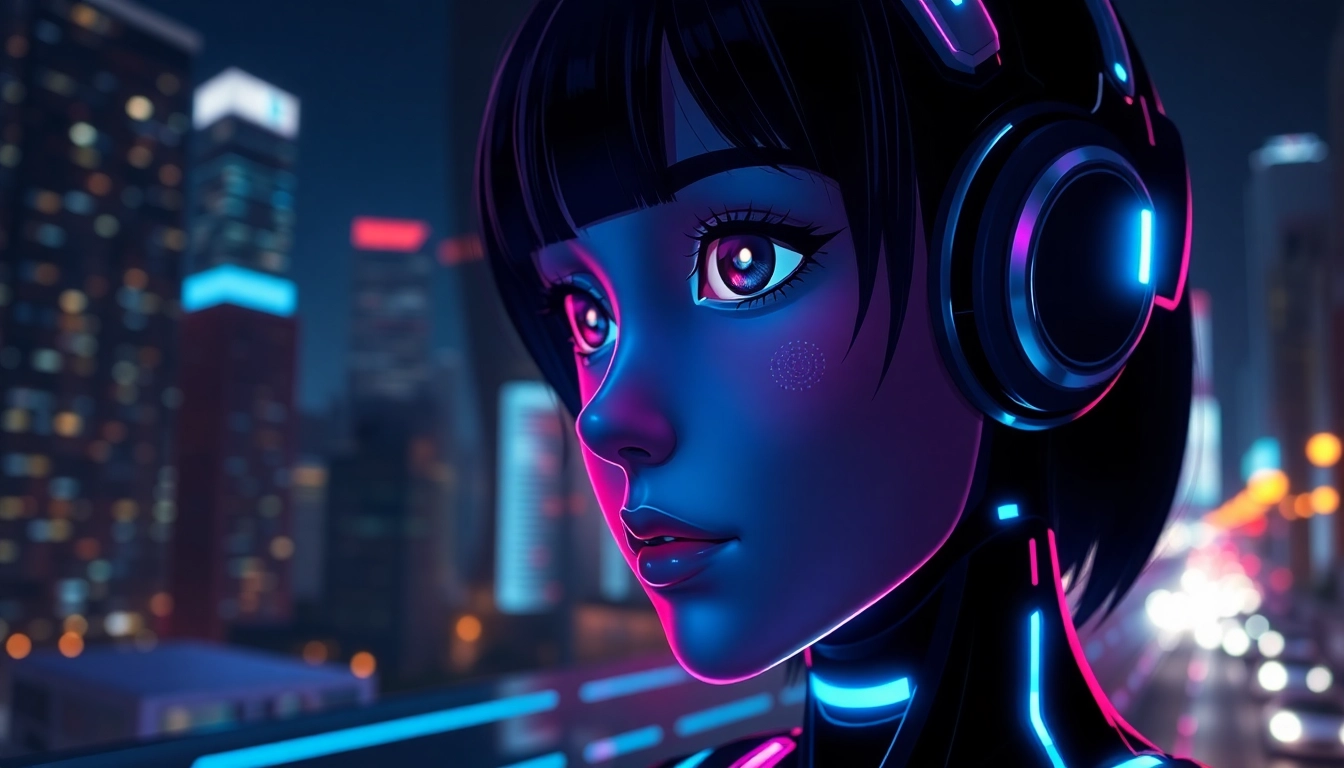 A futuristic AI chatbot interface with an anime-inspired avatar glowing in neon lights against a cyberpunk city background.