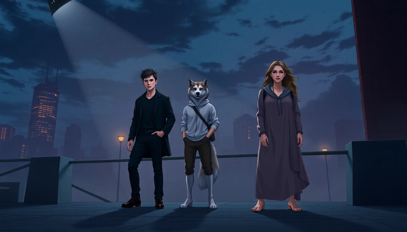 Illustration of alpha, beta, and omega figures in a cityscape, symbolizing hierarchy in the Omegaverse with dramatic lighting and detailed textures.