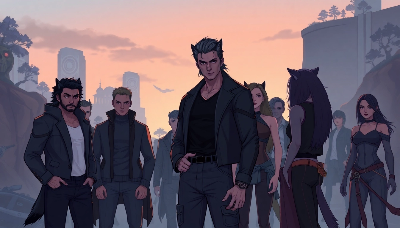 Illustration of diverse humans with animalistic traits in a modern city, depicting hierarchy in an Omegaverse setting at twilight.