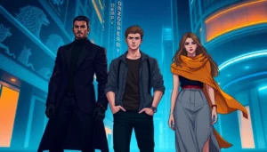 An illustration of alpha, beta, and omega humans in a futuristic city symbolizing hierarchy within the Omegaverse.