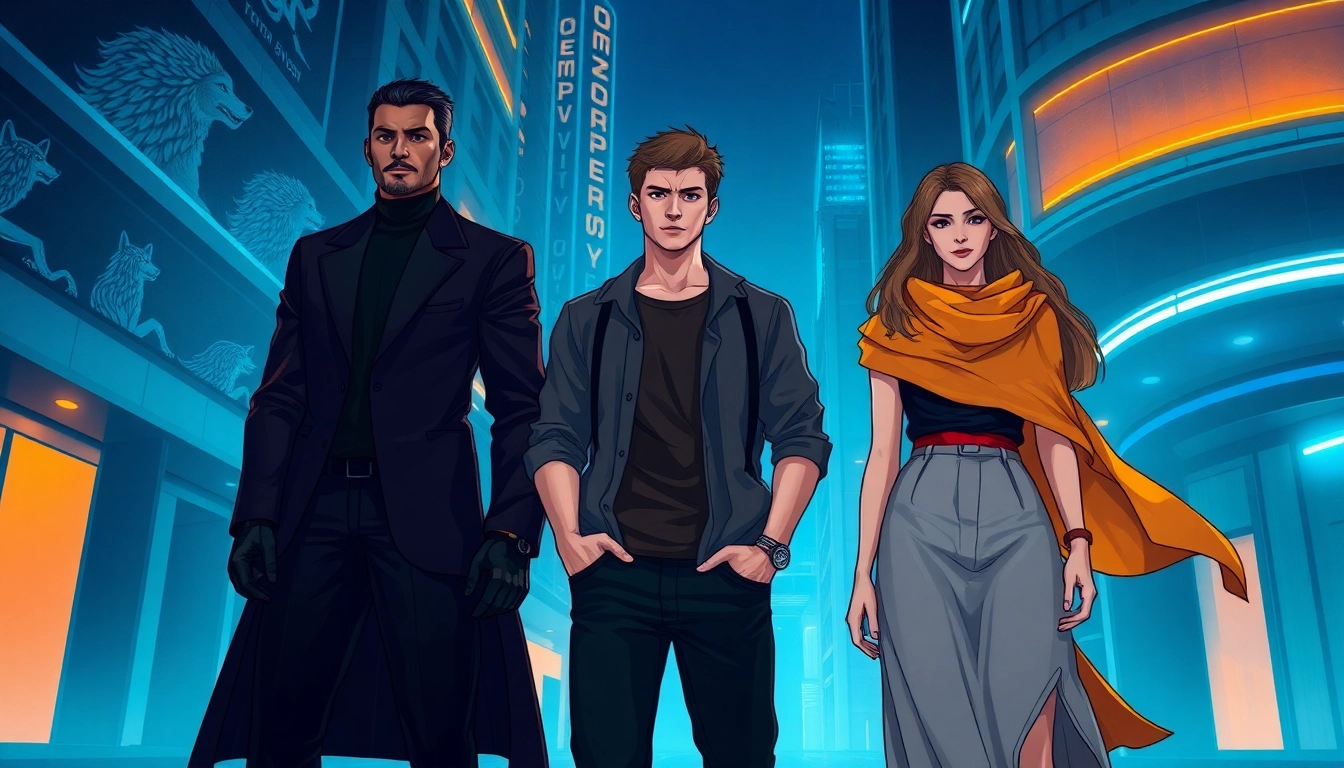 An illustration of alpha, beta, and omega humans in a futuristic city symbolizing hierarchy within the Omegaverse.