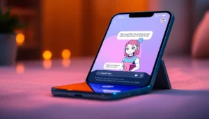 Digital illustration of a smartphone displaying a friendly AI chatbot with a virtual girlfriend character, in a warm, inviting environment.