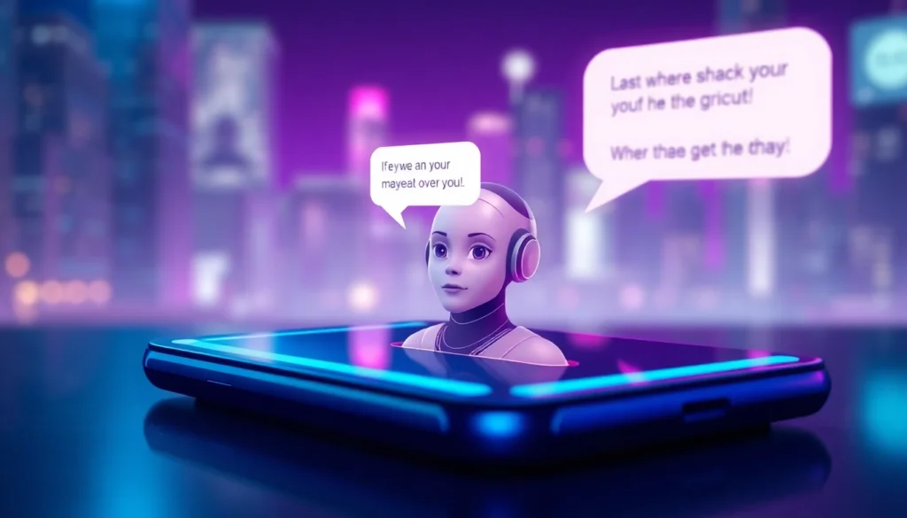 A futuristic digital interface showing an AI chatbot with a flirtatious conversation on a sleek device screen at night.