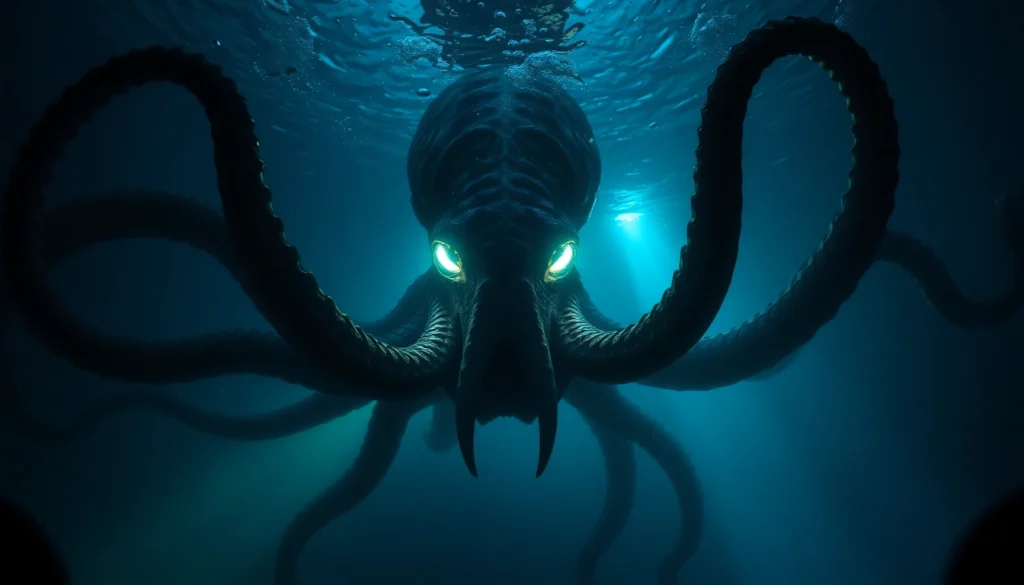 Illustration of a giant kraken linking to legendary sea monster origins and mythic tales