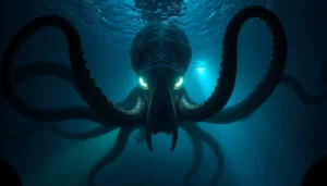 Illustration of a giant kraken linking to legendary sea monster origins and mythic tales