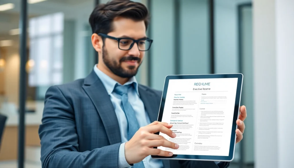 Person assessing executive resume services with a clear digital screen showing a professional