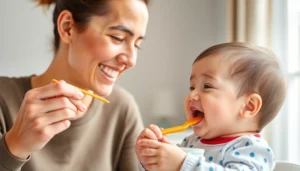 Healthy baby food Made in Italy parent feeding smiling baby with silicone utensils, emphasizing