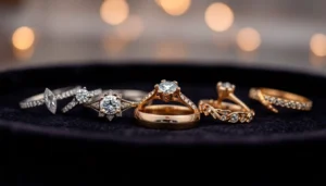 Engagement rings in Vilnius showcasing variety of designs, settings, and gemstones in a jewelry