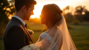 Quality eskuvo fotozas capturing genuine emotions of a couple during sunset, highlighting