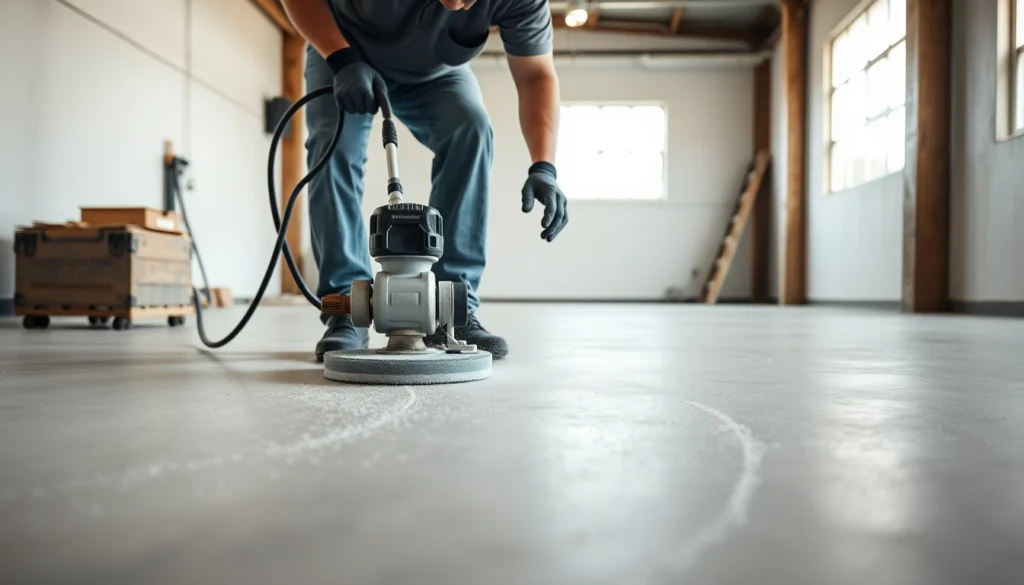 Skilled floor preparation Birmingham technician leveling a concrete slab for seamless flooring